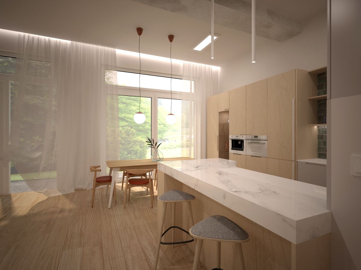 Wysokie, jasne przeszklenia z widokiem na ogród.