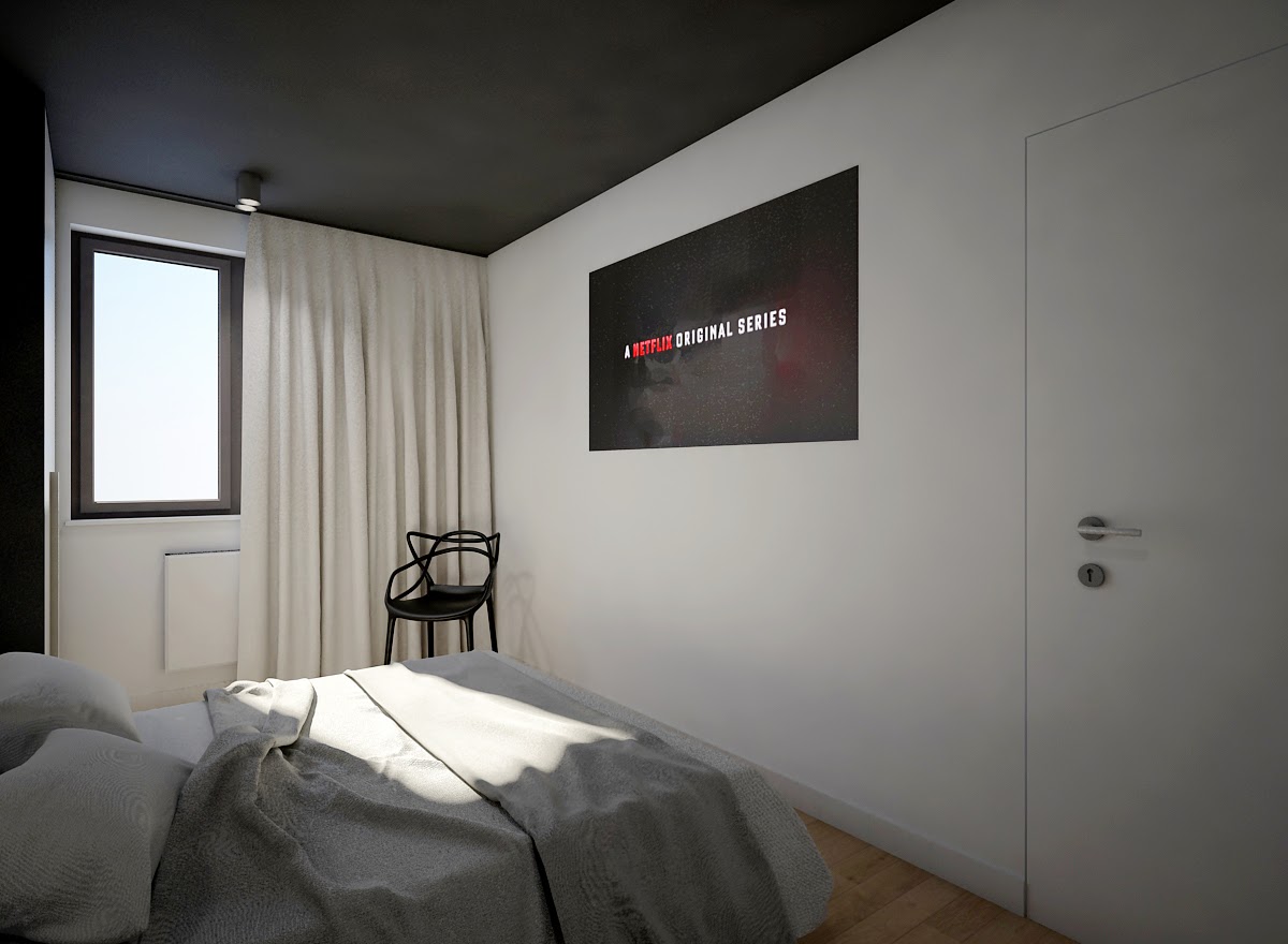 Ciemny sufit w sypialni, nadaje jej intymnego klimatu.